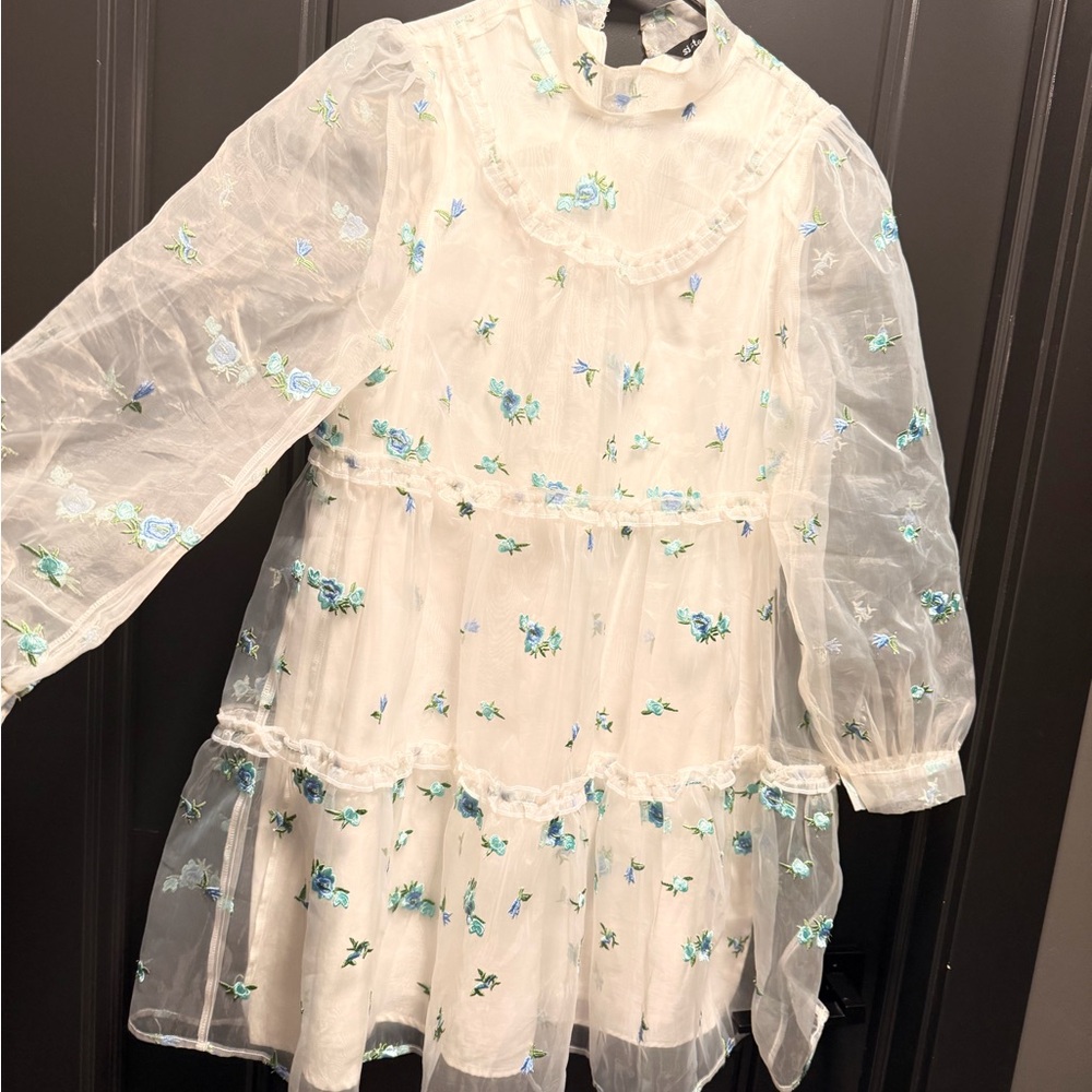 Sister Jane White Dress with Blue Floral Embroidery - Picture 3 of 7